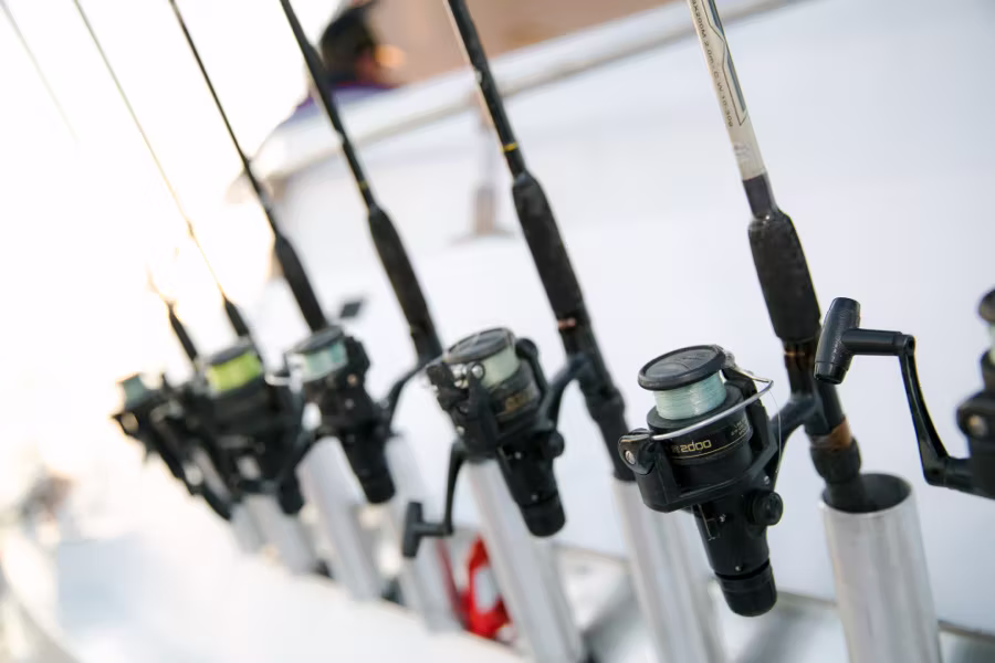 Fishing rods and reels lined up on deck