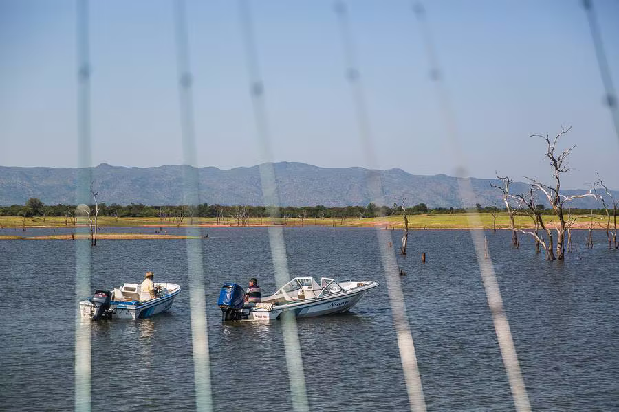 The tender boats on the lake, seen through the deck nets